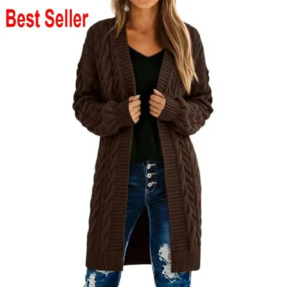 Oversized Cable Knit Cardigan Chunky Open Front Long Sleeve Sweater - Picture 2 of 8